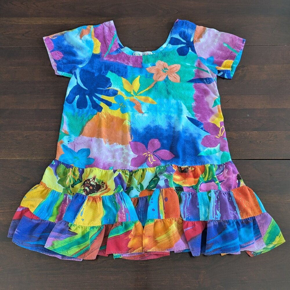 VTG Jams World Medium Tiered Hattie Dress Tissue Flower Watercolor Resort Hawaii